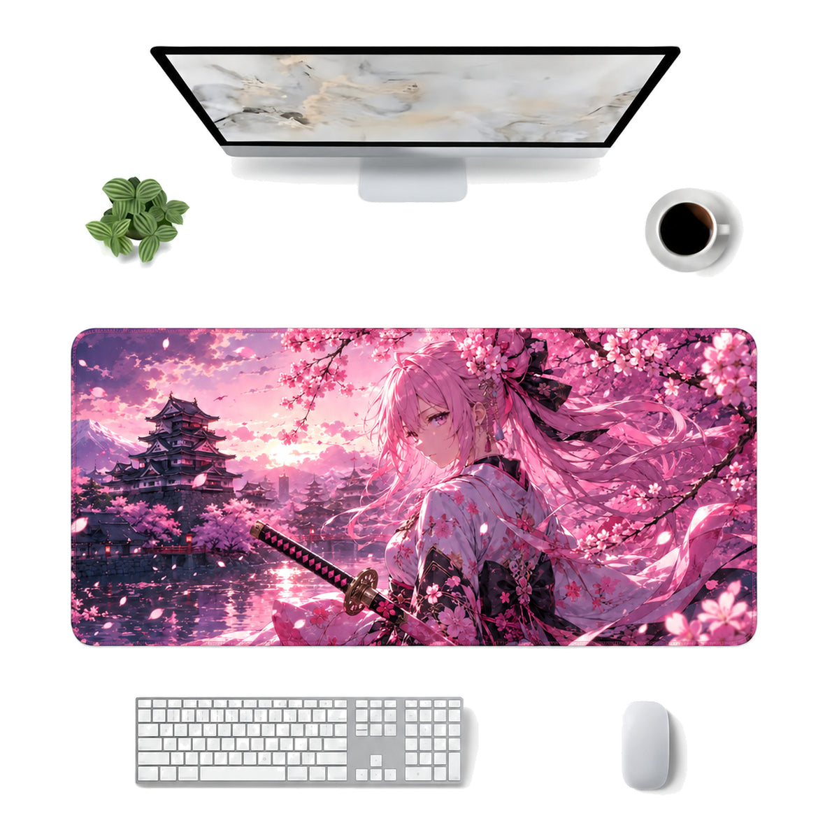 Sakura Samuray Kız anime oyuncu mouse pad – masa üstü kullanım görünümü