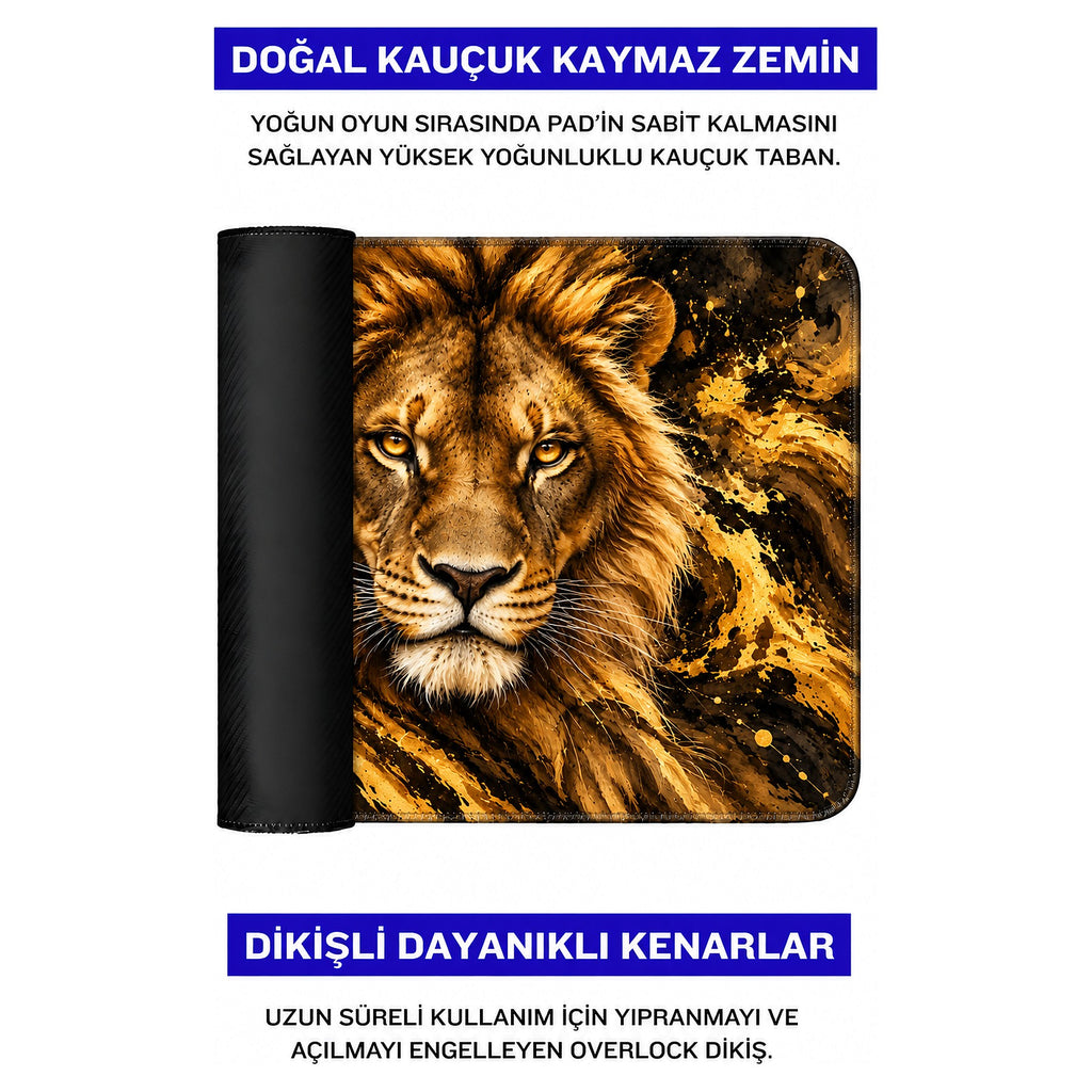 Altın Aslan desenli mouse pad doğal kauçuk kaymaz taban ve dikişli kenar detayı