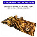Altın Aslan desenli mouse pad kumaş yüzeyi, esnek yapı ve süblimasyon baskı detayı