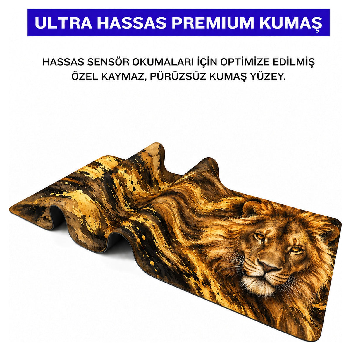 Altın Aslan desenli mouse pad kumaş yüzeyi, esnek yapı ve süblimasyon baskı detayı