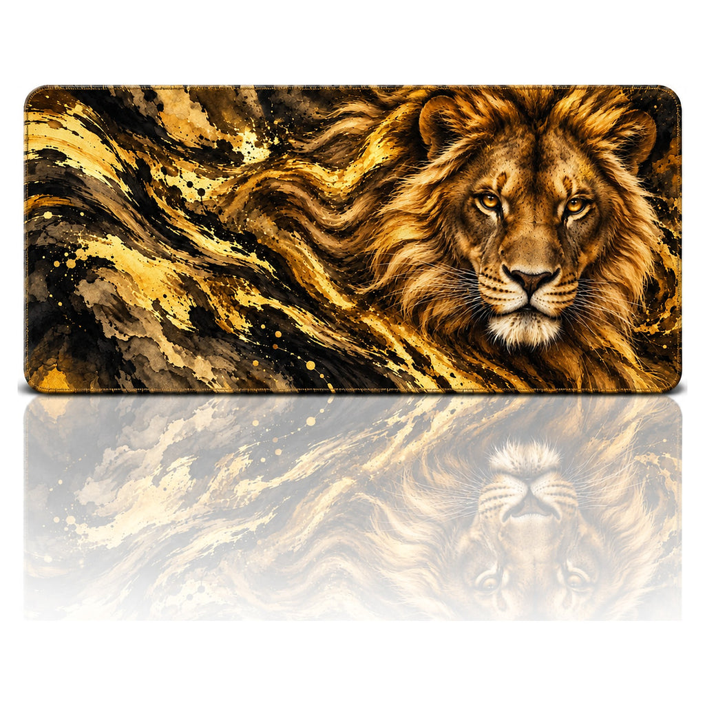 Altın Aslan desenli 90x40 oyuncu mouse pad, altın-siyah tonlarda aslan, önden görünüm