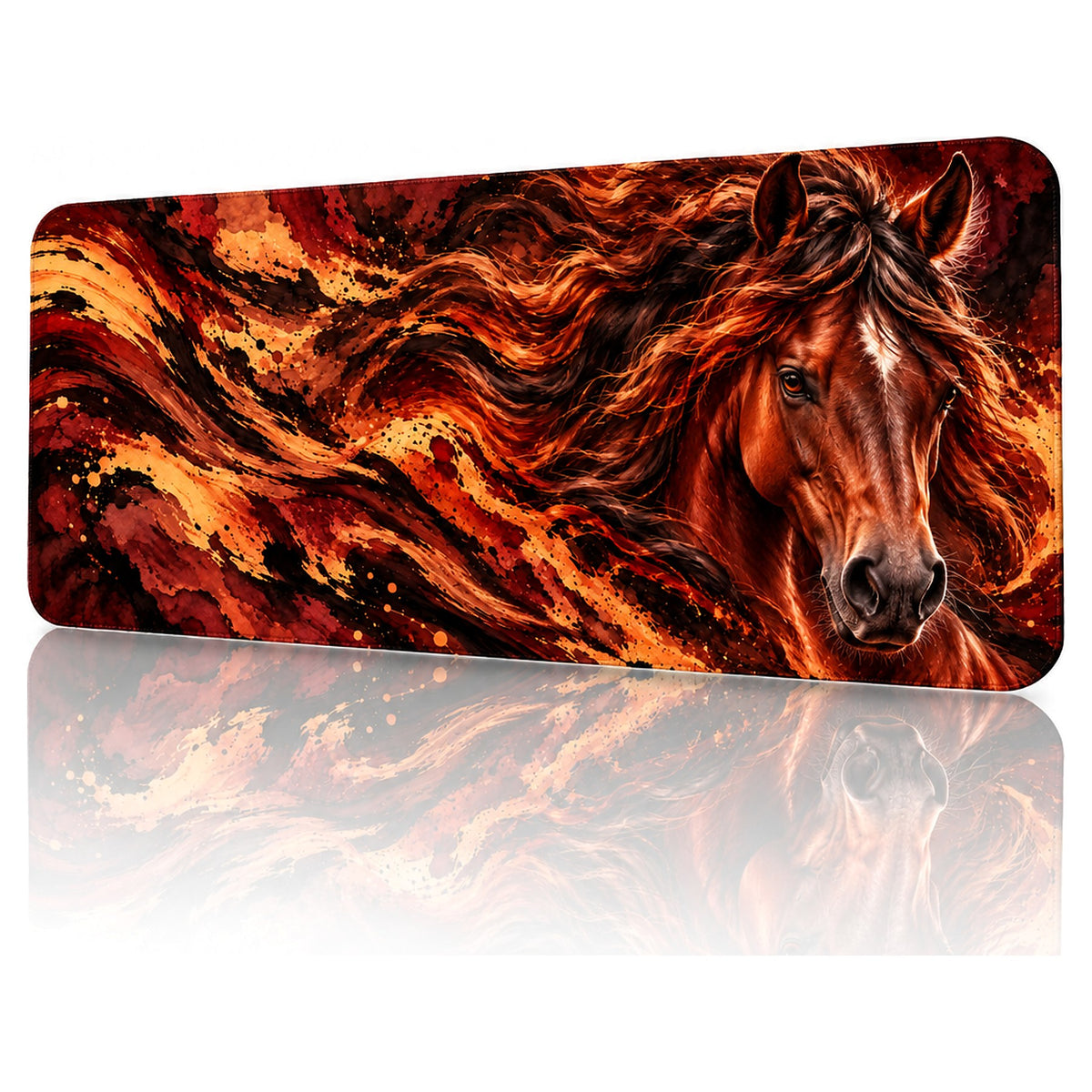 Kızıl Aygır at desenli 90x40 gaming mouse pad, kızıl-turuncu alevler içinde at, açılı görünüm ve dikişli kenar detayı