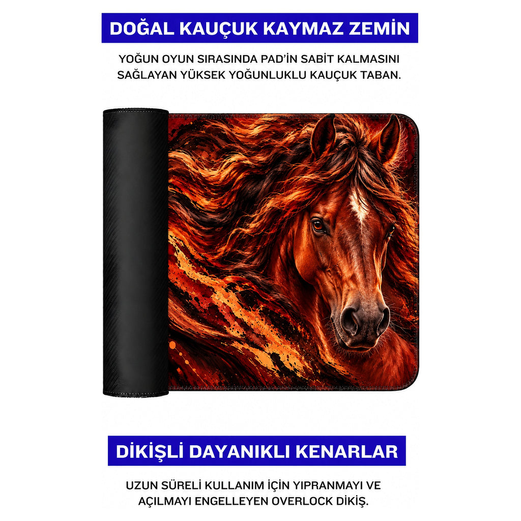 Kızıl Aygır at desenli mouse pad doğal kauçuk kaymaz taban ve dikişli kenar detayı