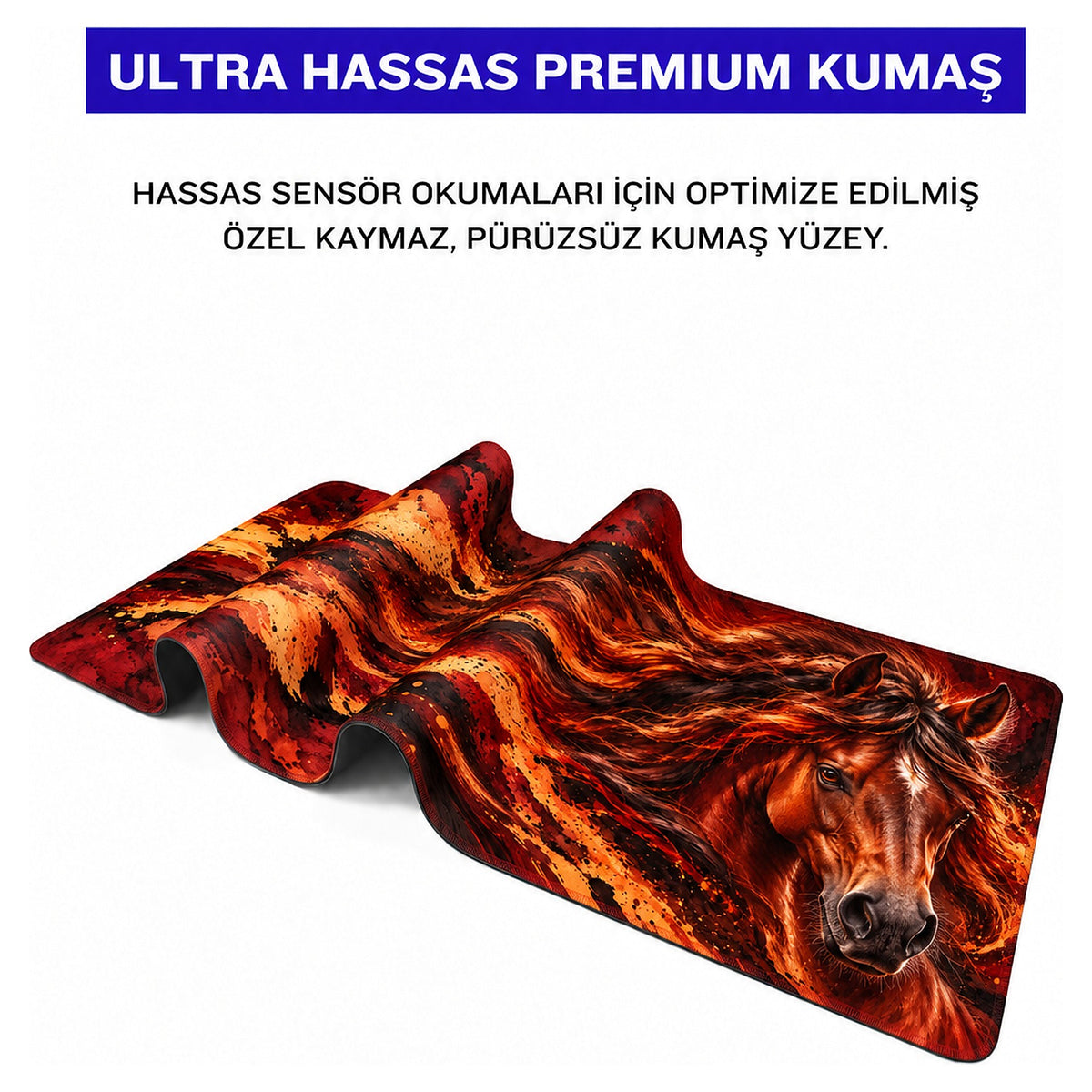 Kızıl Aygır at desenli mouse pad kumaş yüzeyi, esnek yapı ve süblimasyon baskı detayı