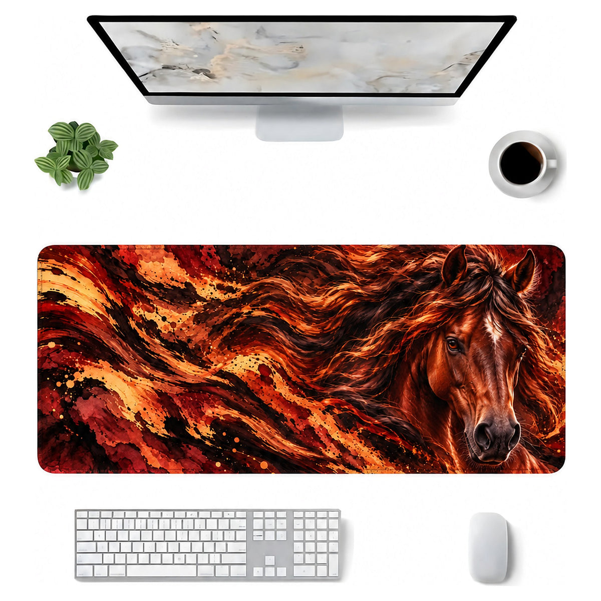 Kızıl Aygır at desenli 90x40 mouse pad, klavye, mouse ve monitörle üstten masa düzeni