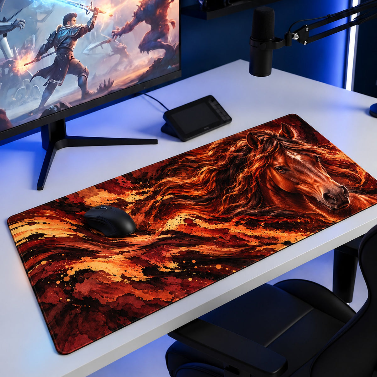 Kızıl Aygır at desenli 90x40 oyuncu mouse pad, oyun masasında monitör ve mouse ile kullanım
