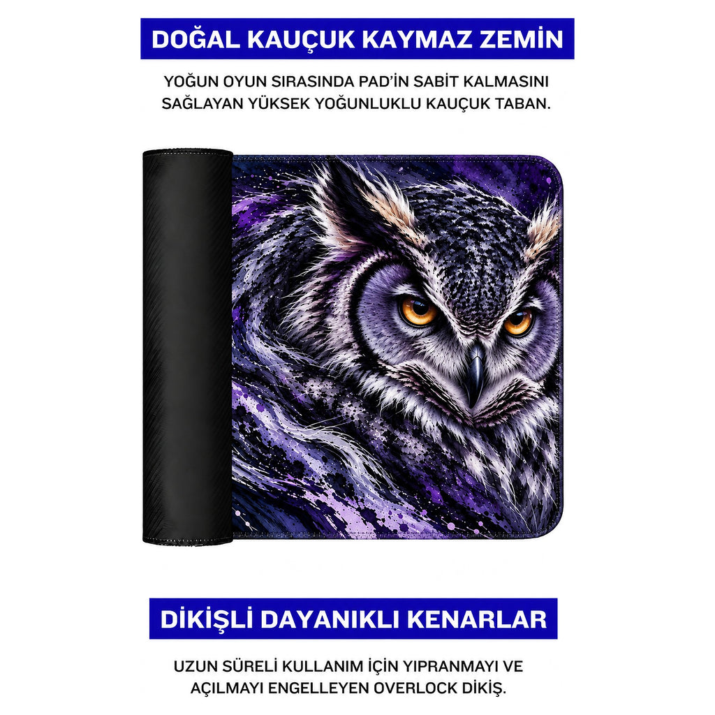 Gece Baykuşu desenli mouse pad doğal kauçuk kaymaz taban ve dikişli kenar detayı