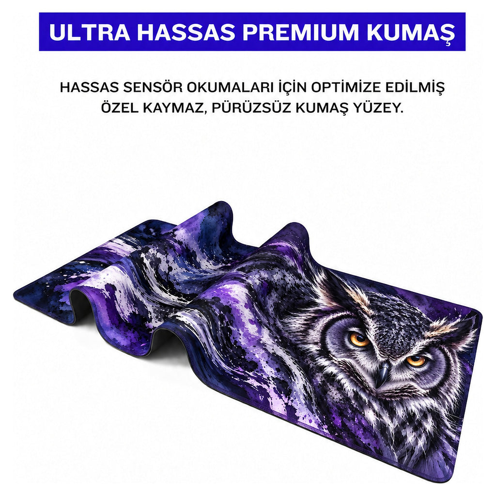 Gece Baykuşu desenli mouse pad kumaş yüzeyi, esnek yapı ve süblimasyon baskı detayı