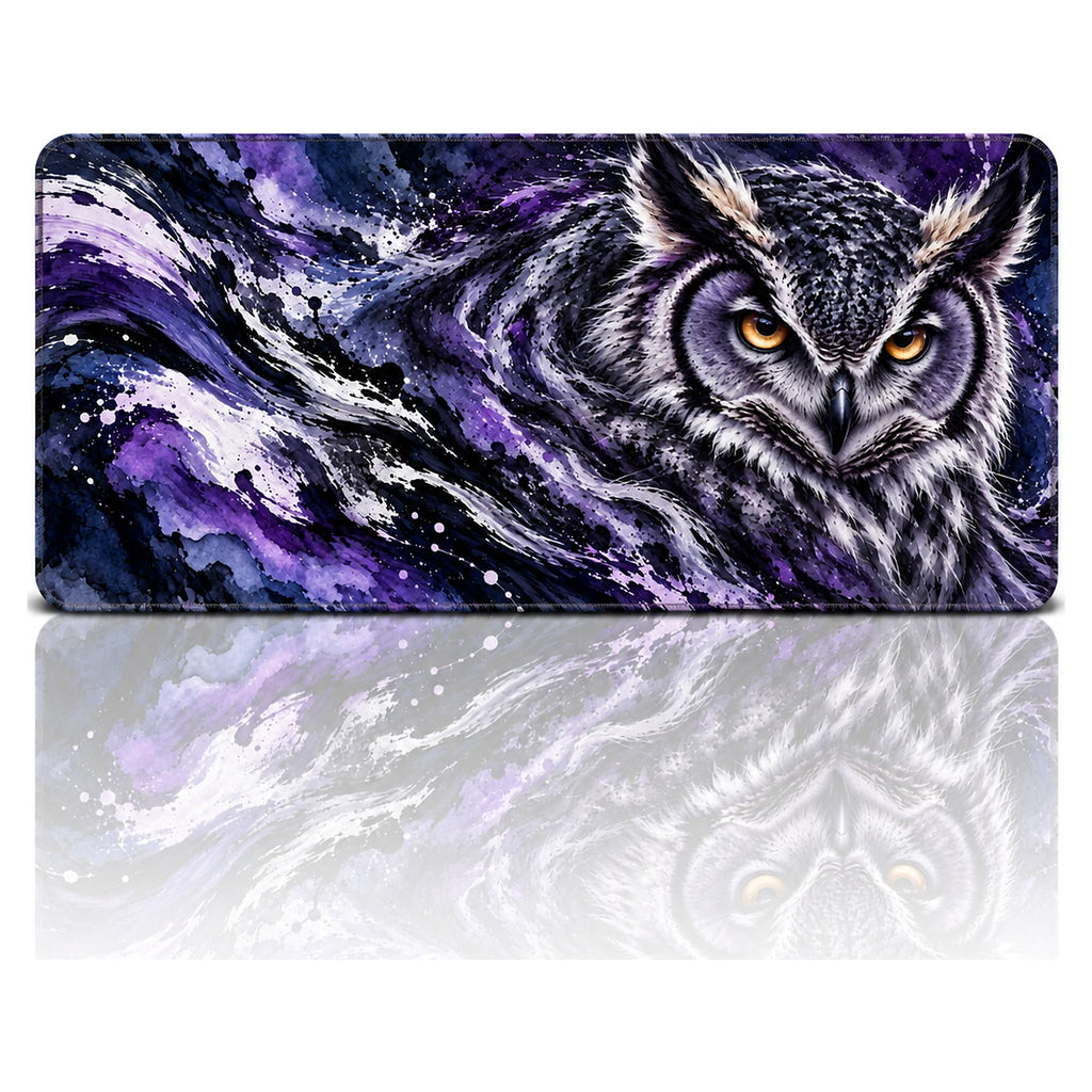 Gece Baykuşu desenli 90x40 oyuncu mouse pad, mor-siyah tonlarında baykuş, önden görünüm