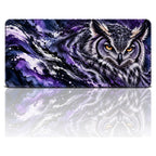 Gece Baykuşu desenli 90x40 oyuncu mouse pad, mor-siyah tonlarında baykuş, önden görünüm