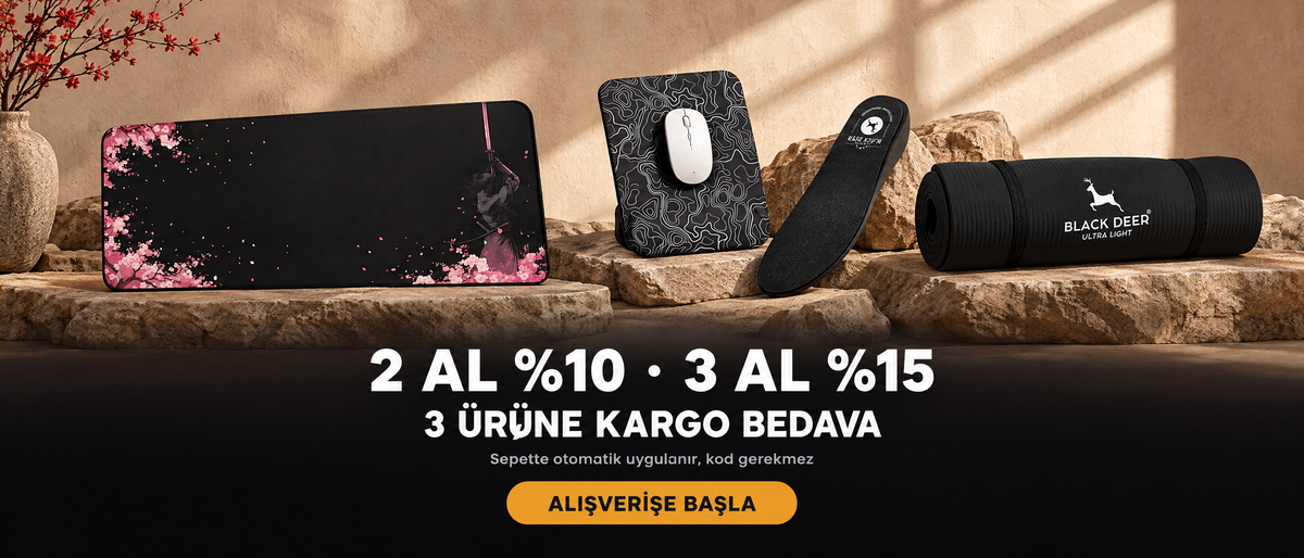 2 al %10, 3 al %15 indirim, 3 ürüne kargo bedava. Sepette otomatik uygulanır, kod gerekmez.