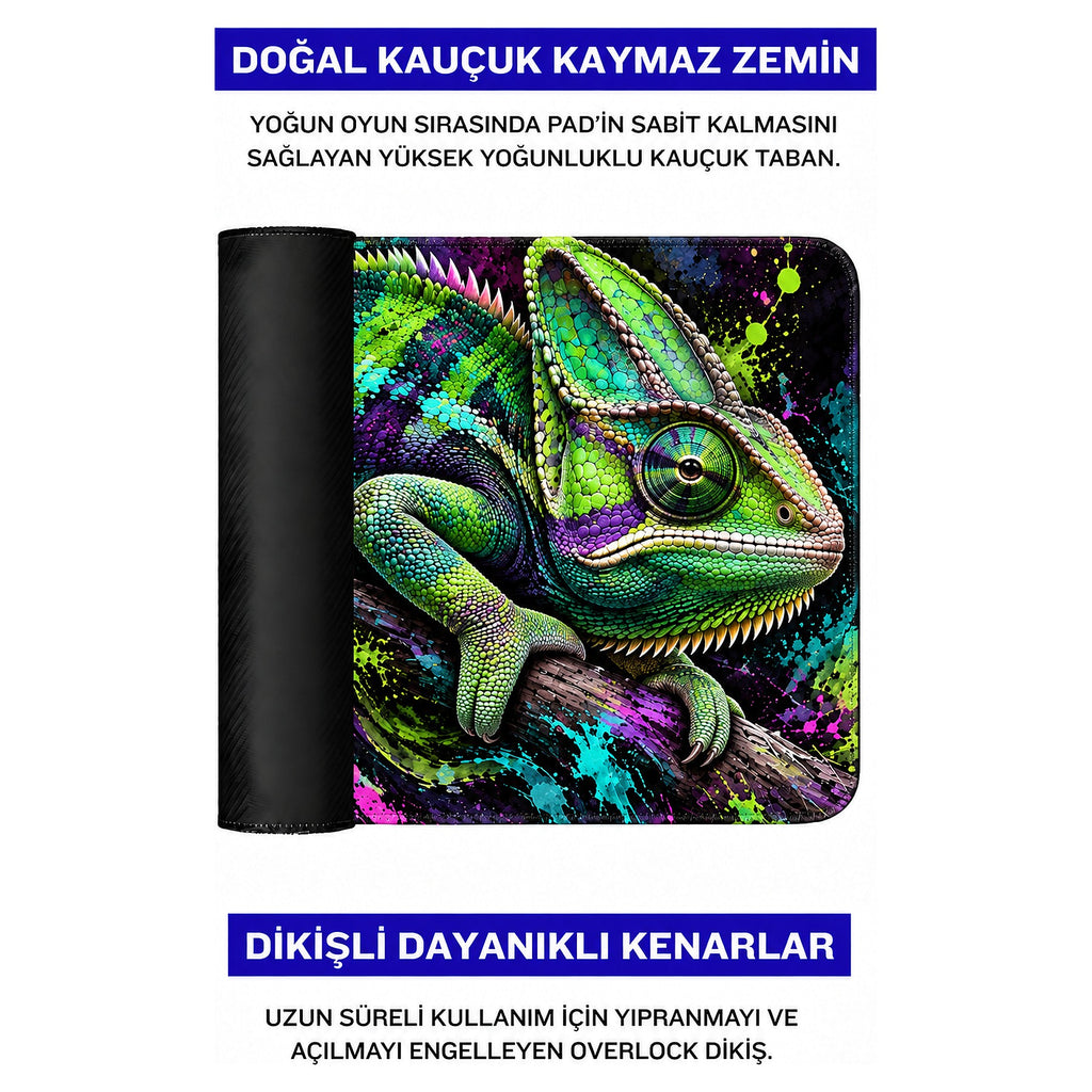Neon Bukalemun desenli mouse pad doğal kauçuk kaymaz taban ve dikişli kenar detayı