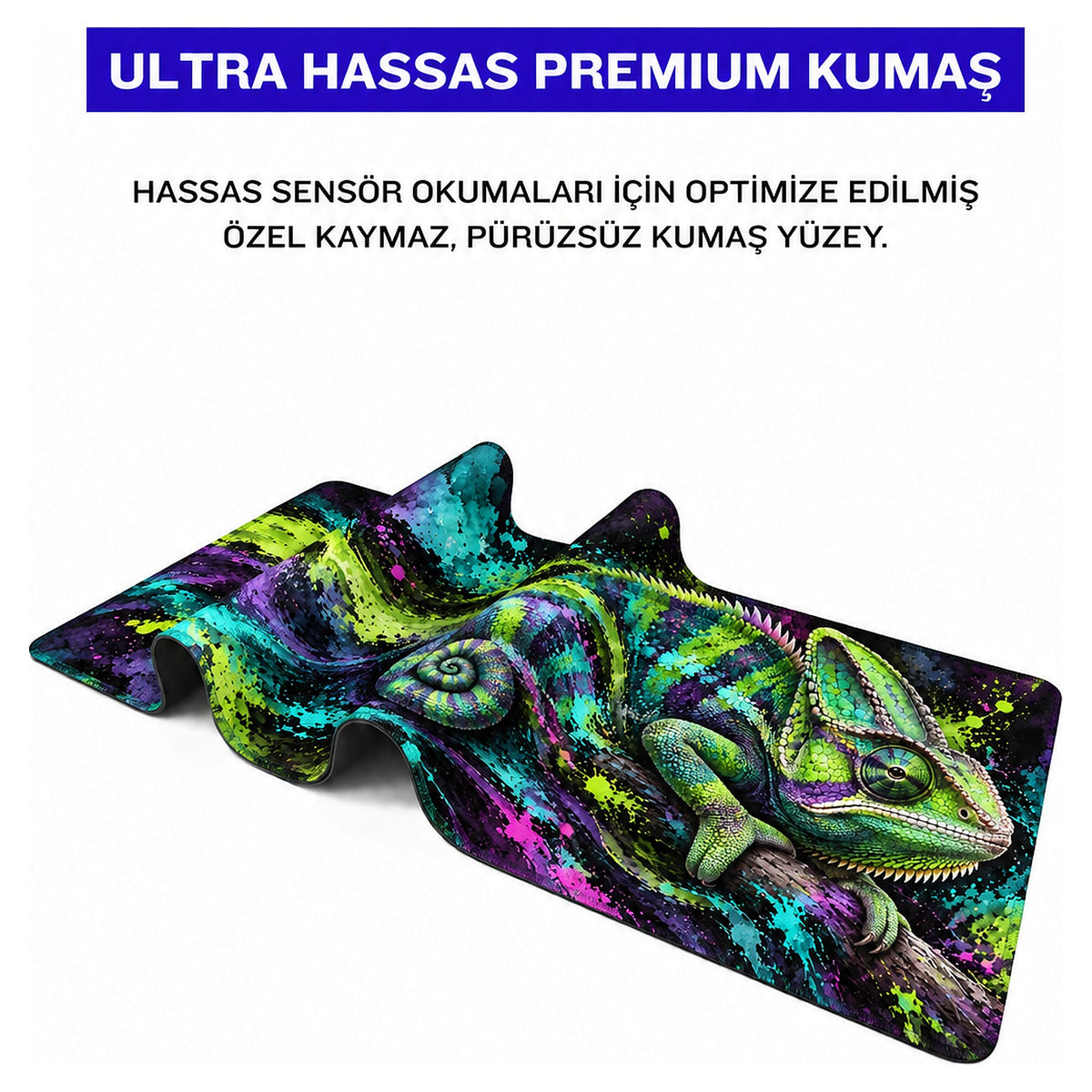 Neon Bukalemun desenli mouse pad kumaş yüzeyi, esnek yapı ve süblimasyon baskı detayı