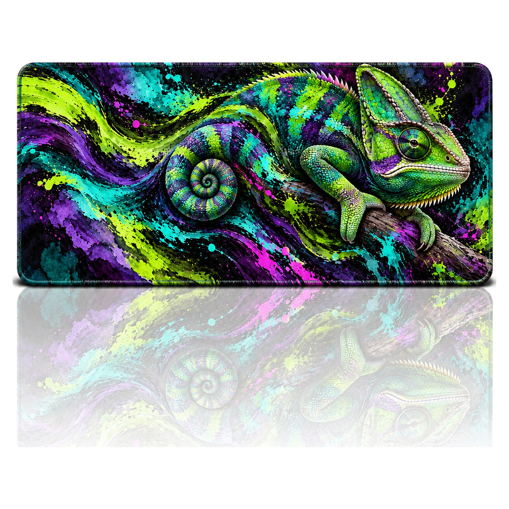 Neon Bukalemun desenli 90x40 oyuncu mouse pad, neon yeşil-mor bukalemun, önden görünüm