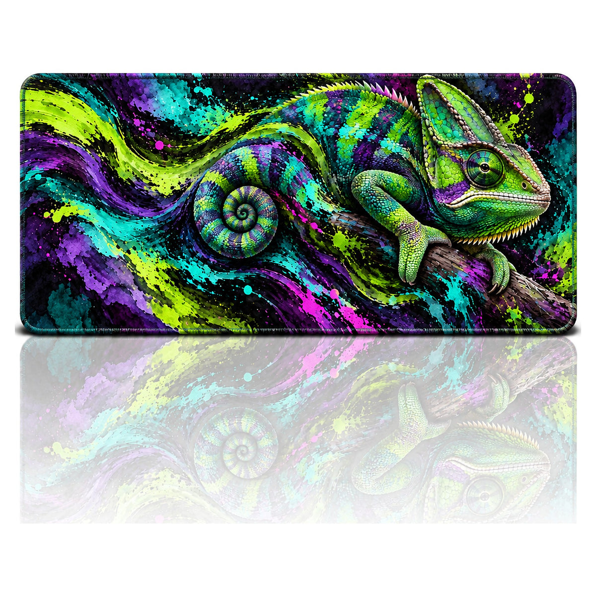 Neon Bukalemun desenli 90x40 oyuncu mouse pad, neon yeşil-mor bukalemun, önden görünüm