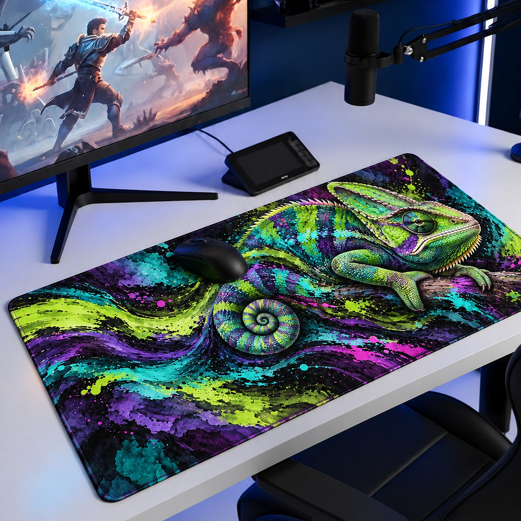 Neon Bukalemun desenli 90x40 oyuncu mouse pad, oyun masasında monitör ve mouse ile kullanım