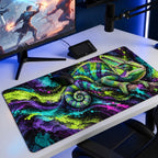 Neon Bukalemun desenli 90x40 oyuncu mouse pad, oyun masasında monitör ve mouse ile kullanım