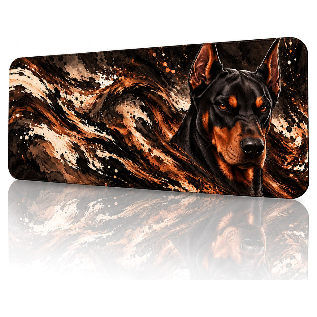 Bakır Doberman desenli 90x40 gaming mouse pad, siyah-bakır tonlarında Doberman, açılı görünüm ve dikişli kenar detayı