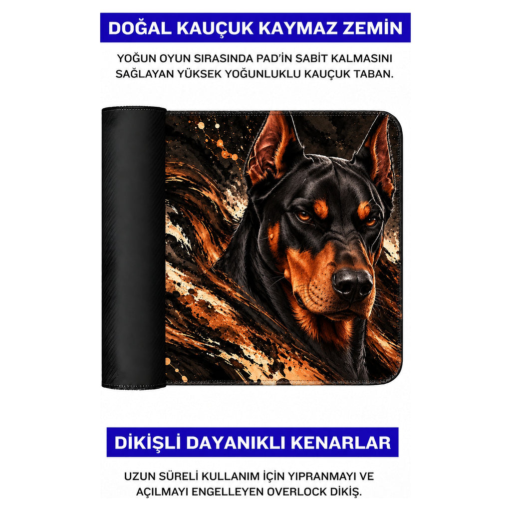 Bakır Doberman desenli mouse pad doğal kauçuk kaymaz taban ve dikişli kenar detayı