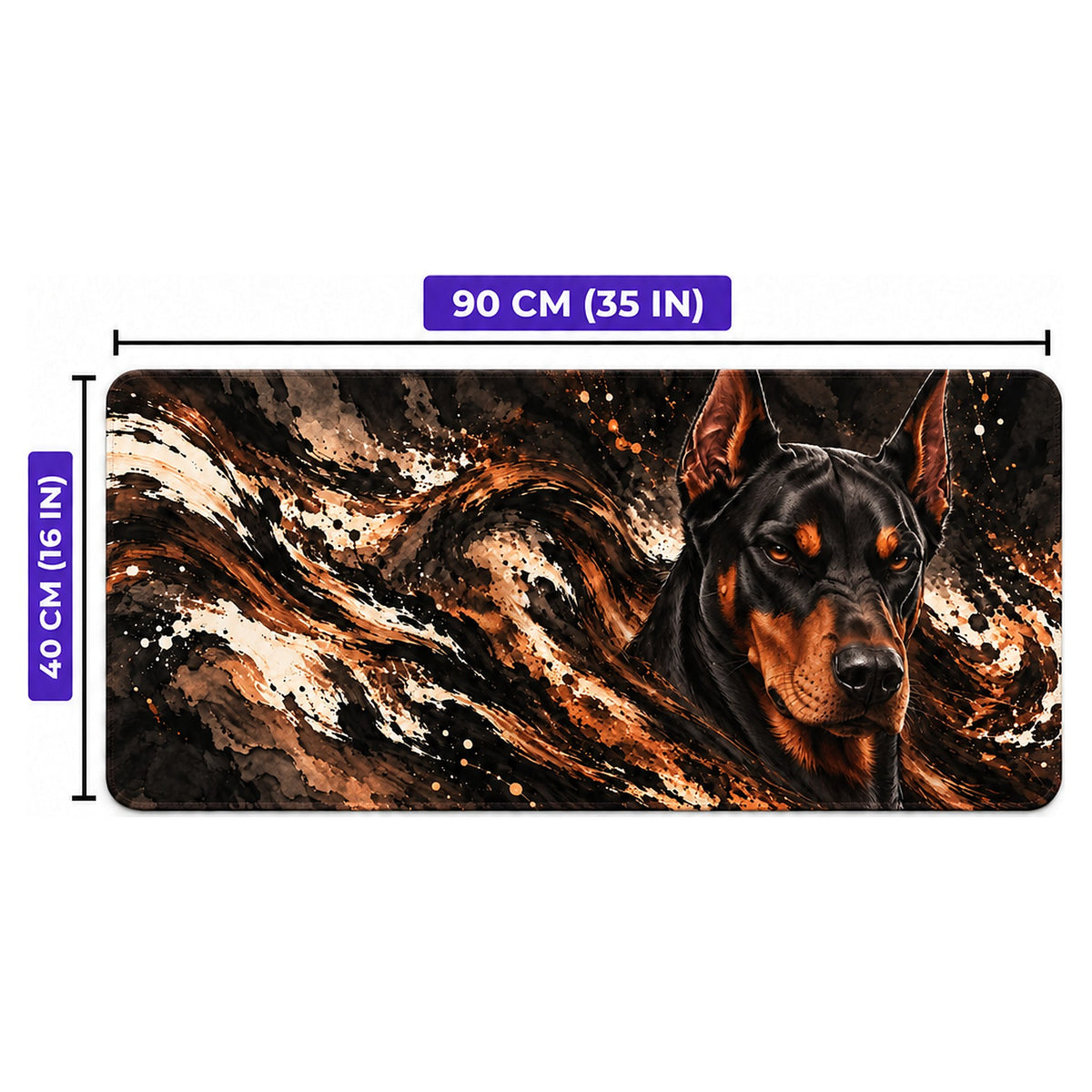 Bakır Doberman desenli oyuncu mouse pad ölçüleri: 90 cm x 40 cm (35 x 16 inç)
