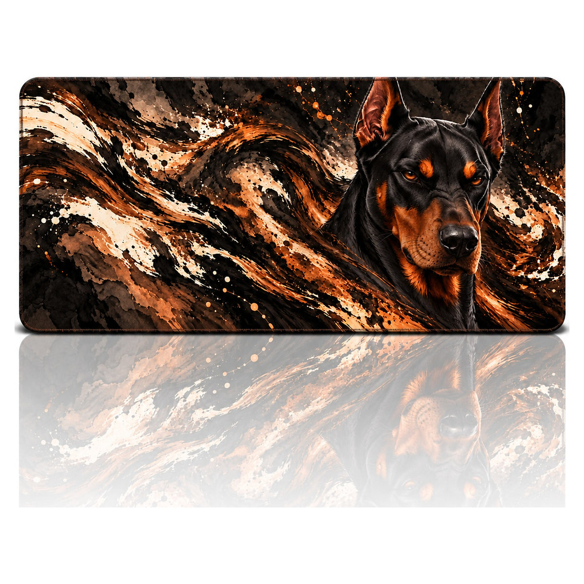 Bakır Doberman desenli 90x40 oyuncu mouse pad, siyah-bakır tonlarında Doberman, önden görünüm
