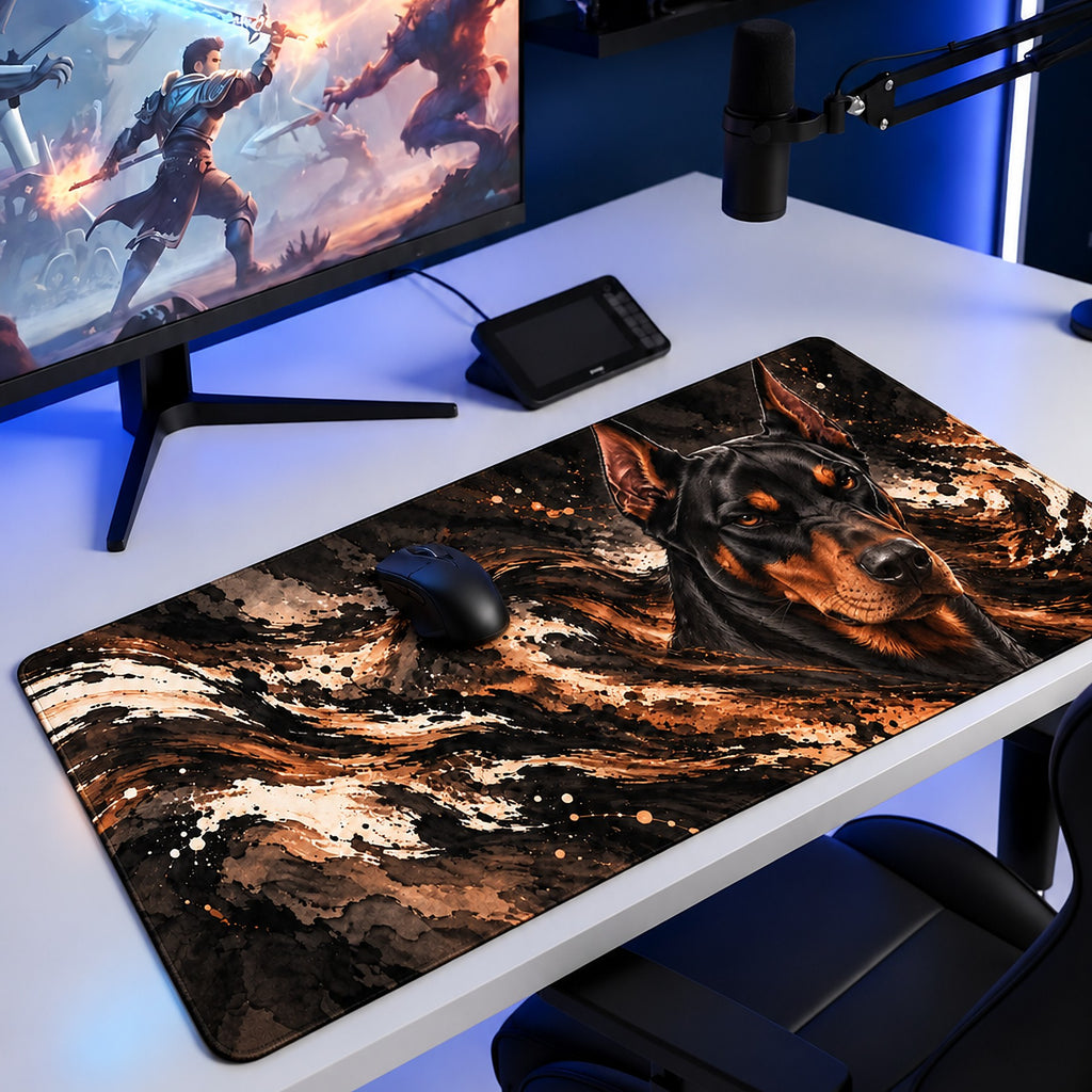 Bakır Doberman desenli 90x40 oyuncu mouse pad, oyun masasında monitör ve mouse ile kullanım