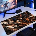 Bakır Doberman desenli 90x40 oyuncu mouse pad, oyun masasında monitör ve mouse ile kullanım
