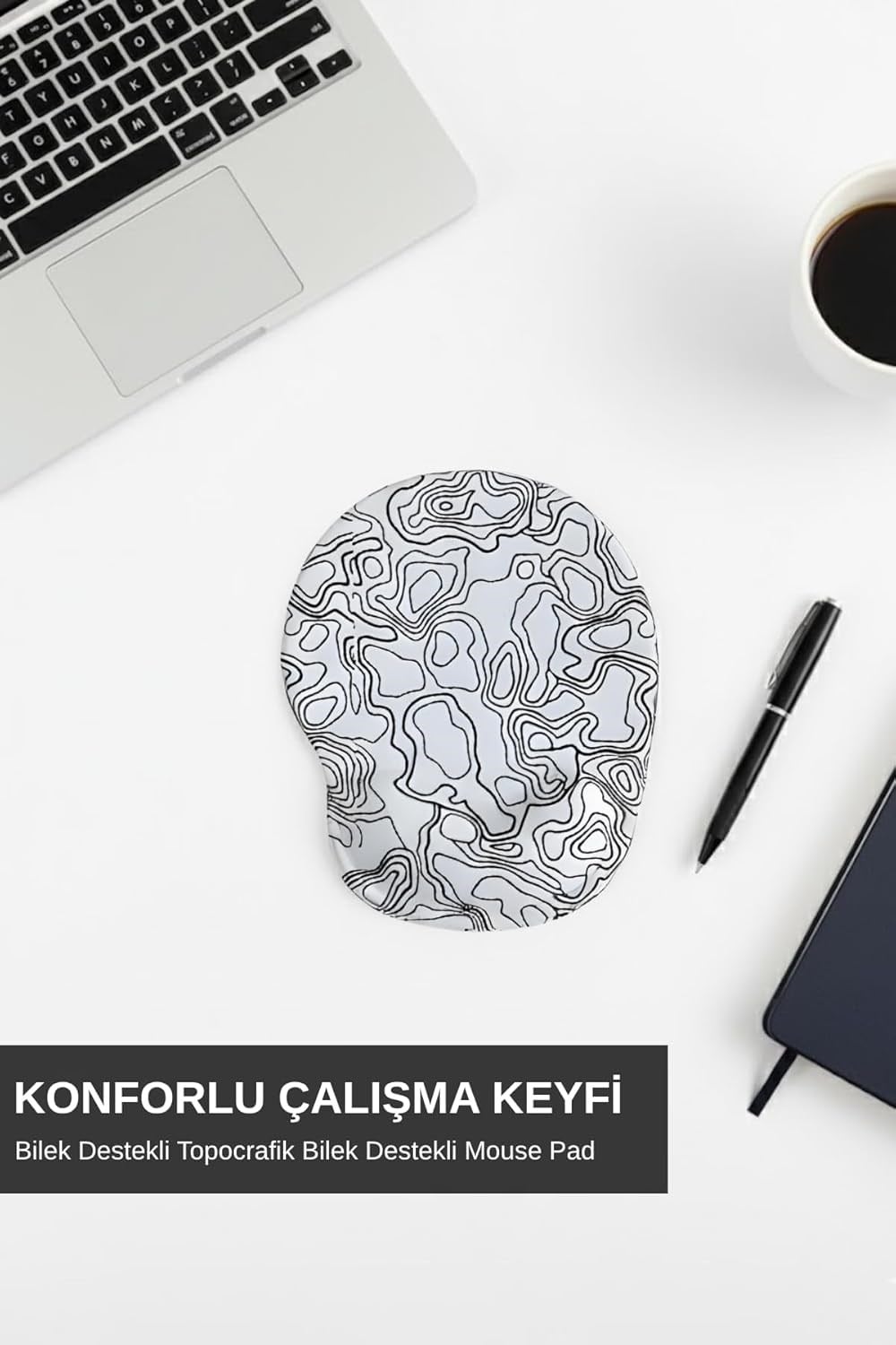 Typography bilek destekli mouse pad beyaz kullanım görseli