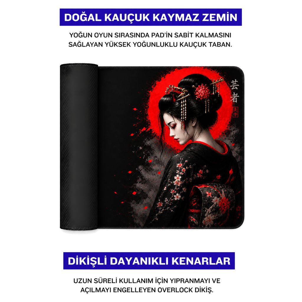 Geisha 50x40 cm oyuncu mouse pad – doğal kauçuk kaymaz taban
