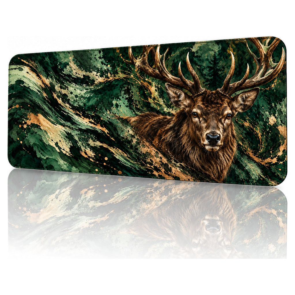 Orman Geyiği geyik desenli 90x40 gaming mouse pad, yeşil-altın orman tonlarında geyik, açılı görünüm ve dikişli kenar detayı