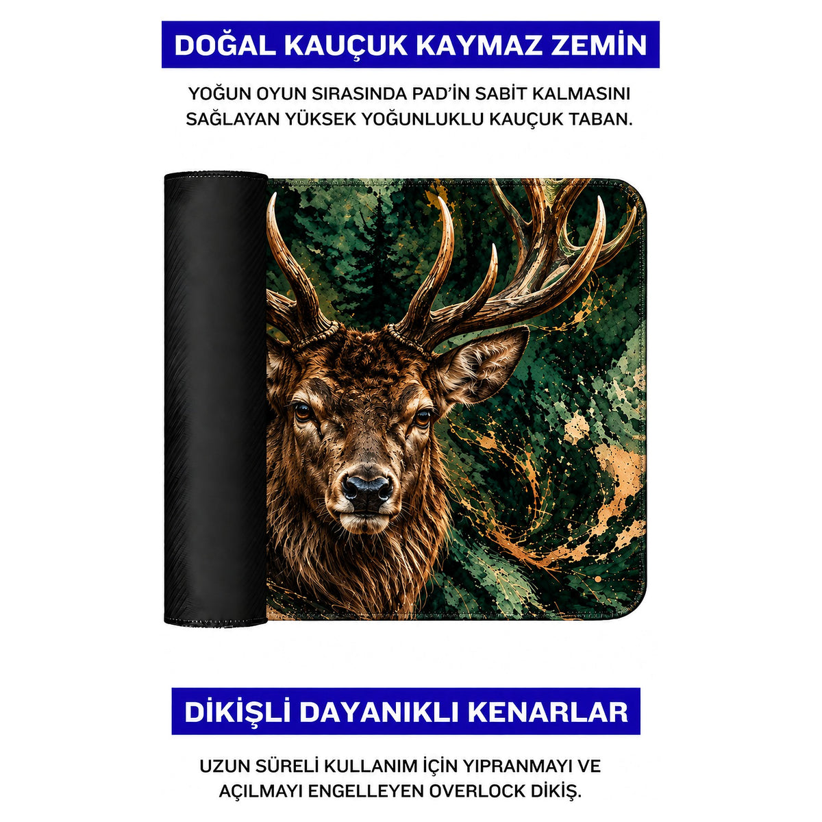 Orman Geyiği geyik desenli mouse pad doğal kauçuk kaymaz taban ve dikişli kenar detayı