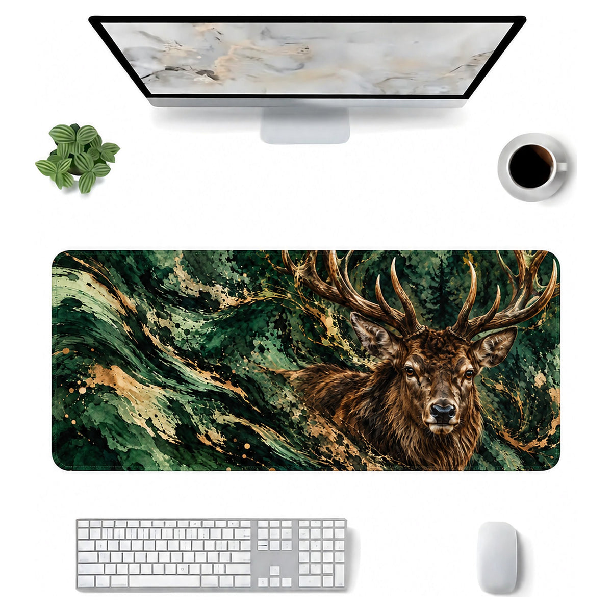 Orman Geyiği geyik desenli 90x40 mouse pad, klavye, mouse ve monitörle üstten masa düzeni