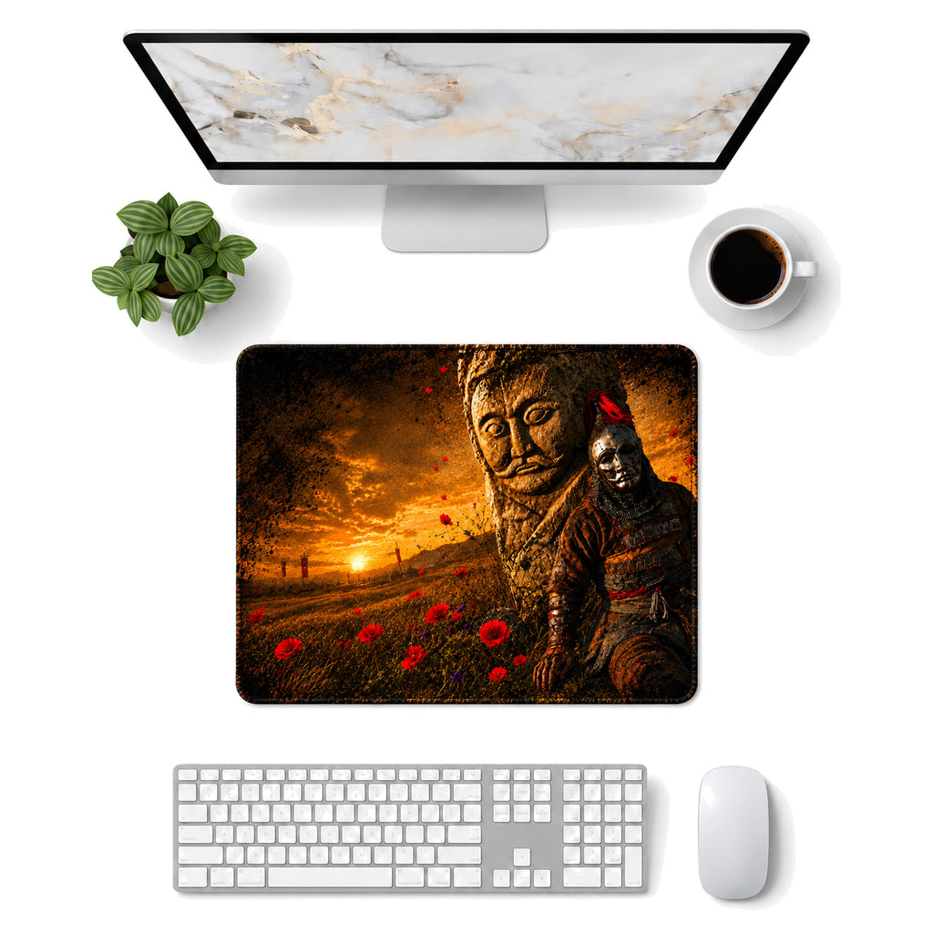 Golden Sentinel 50x40 cm oyuncu mouse pad – masa üstü kullanım görünümü