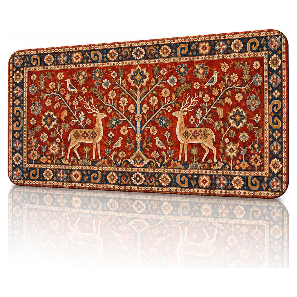Geyikli Hayat Ağacı halı desenli 90x40 gaming mouse pad, açılı görünüm ve dikişli kenar detayı