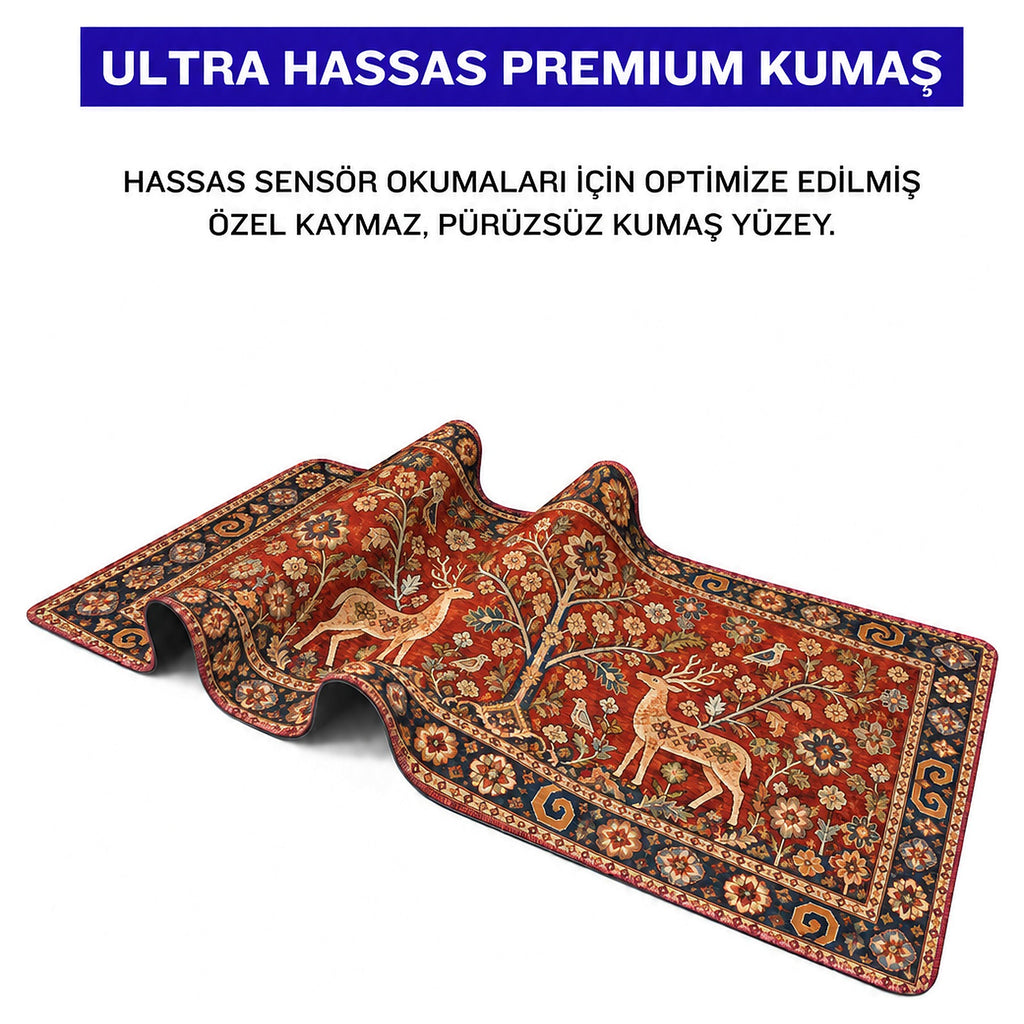 Geyikli Hayat Ağacı halı desenli mouse pad kumaş yüzeyi, esnek yapı ve süblimasyon baskı detayı