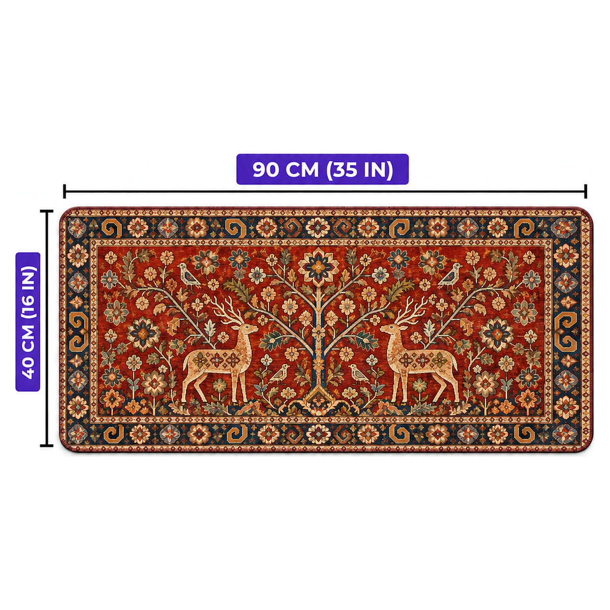 Geyikli Hayat Ağacı halı desenli oyuncu mouse pad ölçüleri: 90 cm x 40 cm (35 x 16 inç)
