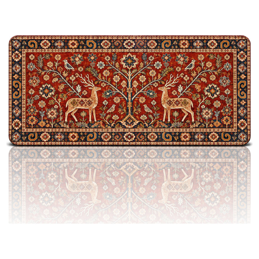 Geyikli Hayat Ağacı halı desenli 90x40 oyuncu mouse pad, kızıl zeminde hayat ağacı ve geyik figürlü tasarım, önden görünüm