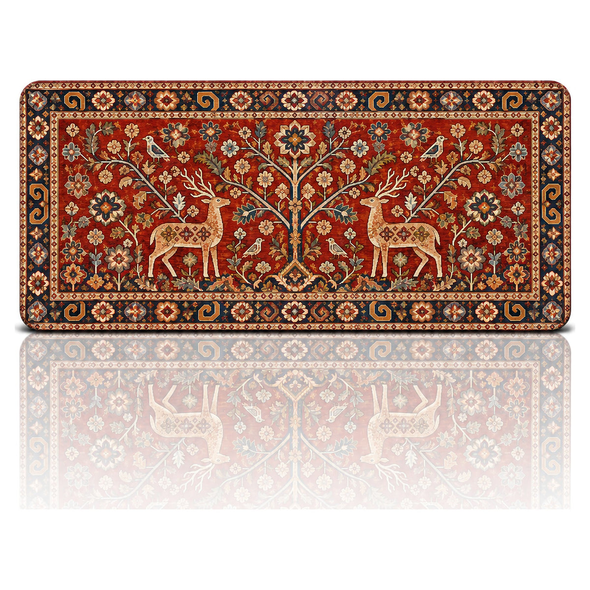 Geyikli Hayat Ağacı halı desenli 90x40 oyuncu mouse pad, kızıl zeminde hayat ağacı ve geyik figürlü tasarım, önden görünüm