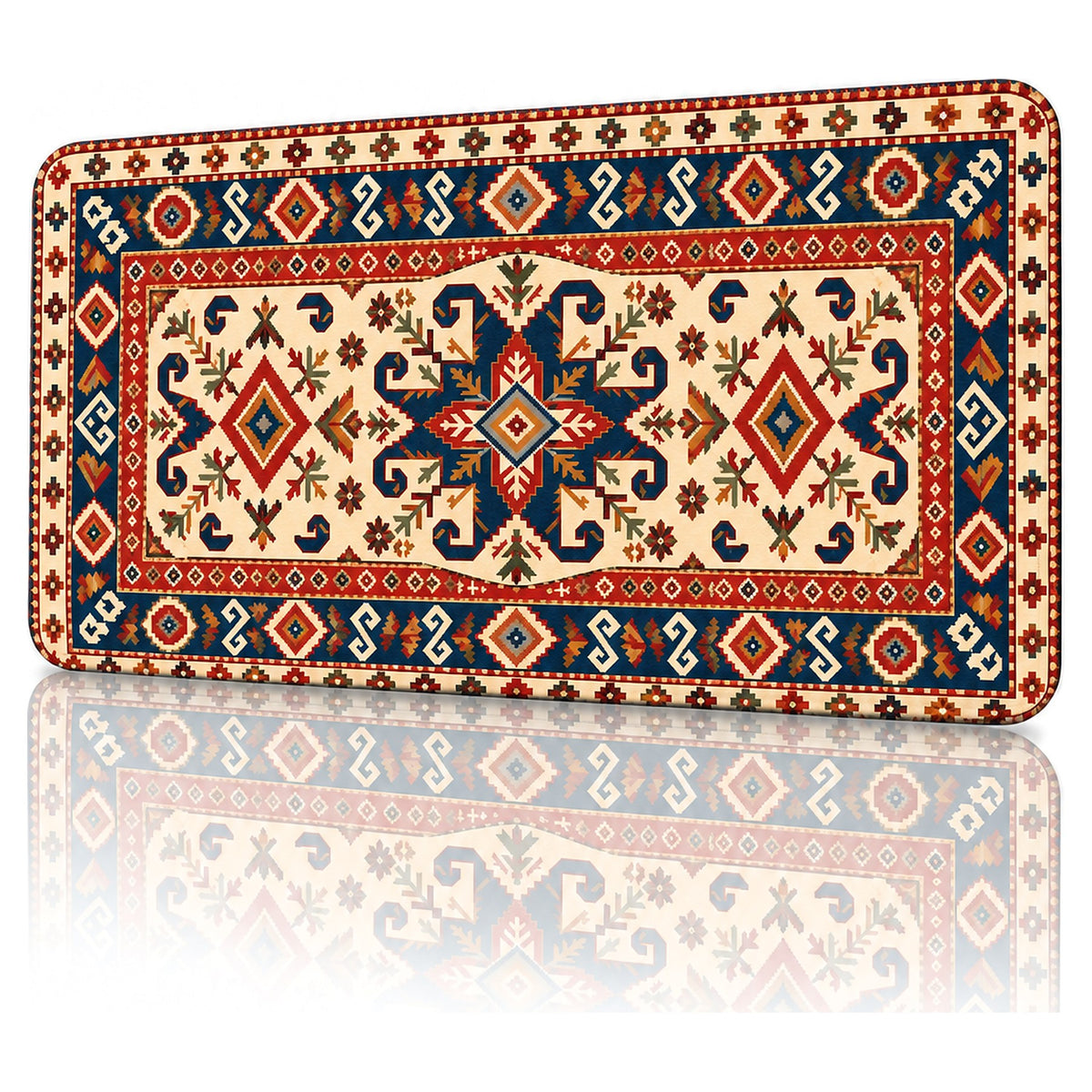 Koçboynuzu halı desenli 90x40 gaming mouse pad, açılı görünüm ve dikişli kenar detayı