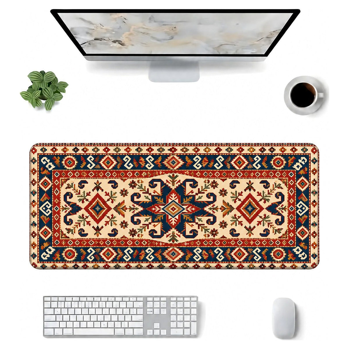 Koçboynuzu halı desenli 90x40 mouse pad, klavye, mouse ve monitörle üstten masa düzeni