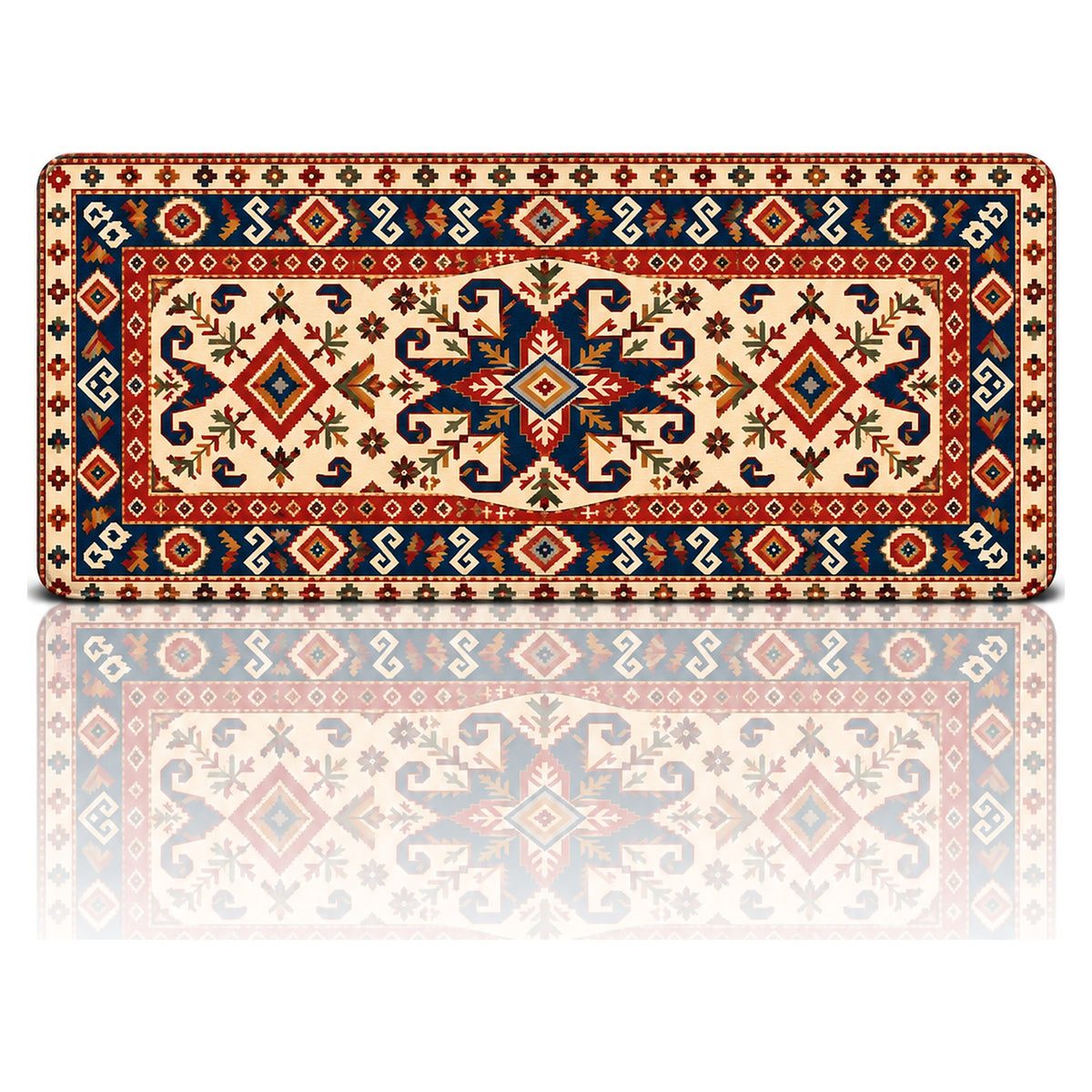 Koçboynuzu halı desenli 90x40 oyuncu mouse pad, krem zeminde koçboynuzu motifli tasarım, önden görünüm