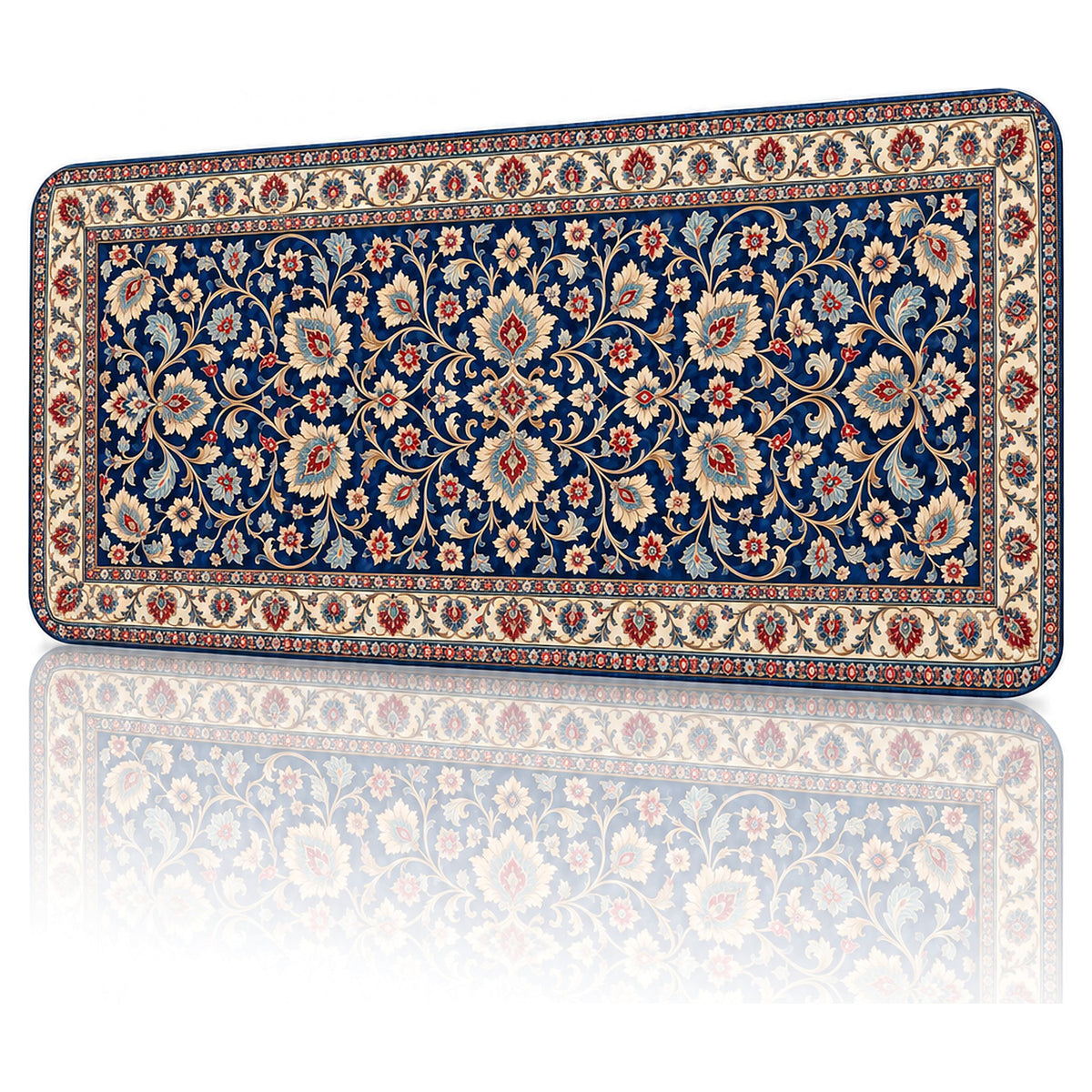 Lacivert Saray halı desenli 90x40 gaming mouse pad, açılı görünüm ve dikişli kenar detayı
