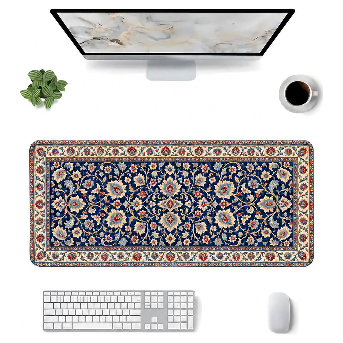 Lacivert Saray halı desenli 90x40 mouse pad, klavye, mouse ve monitörle üstten masa düzeni