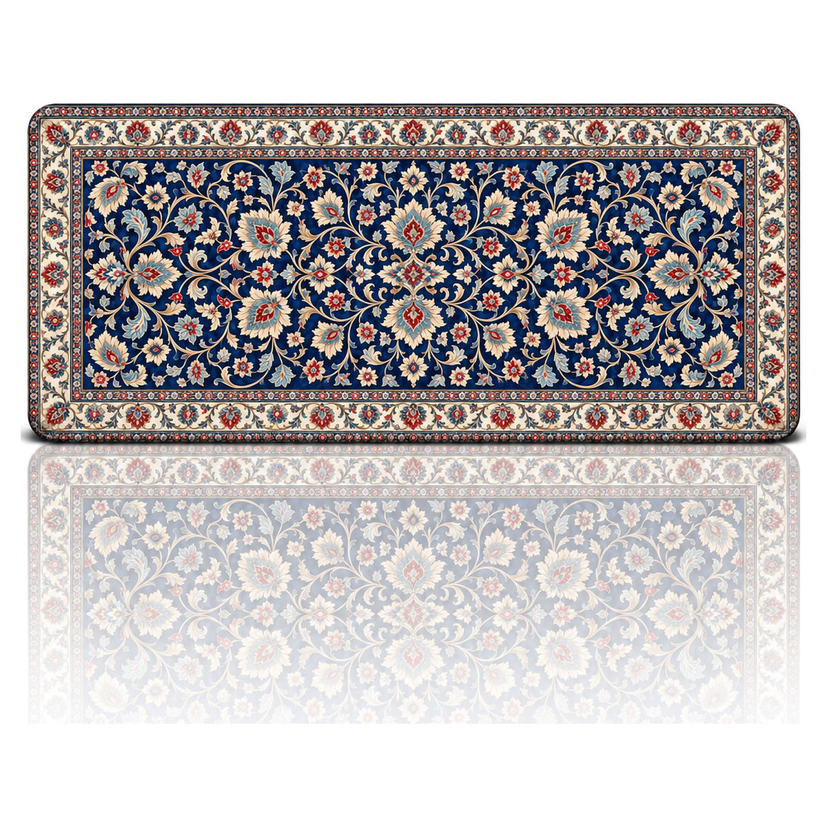 Lacivert Saray halı desenli 90x40 oyuncu mouse pad, lacivert zeminde krem çiçek dallı tasarım, önden görünüm