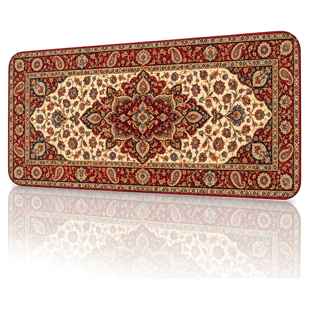 Madalyon halı desenli 90x40 gaming mouse pad, açılı görünüm ve dikişli kenar detayı