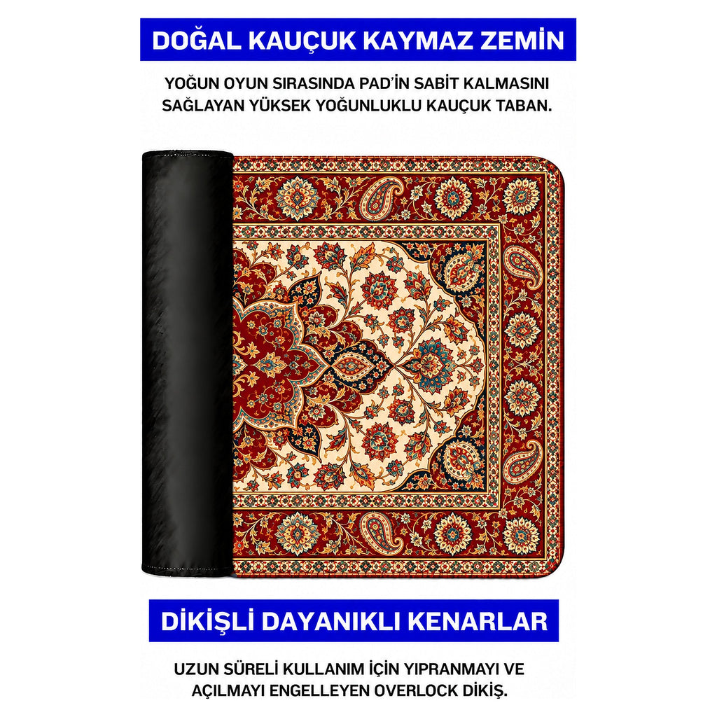 Madalyon halı desenli mouse pad doğal kauçuk kaymaz taban ve dikişli kenar detayı