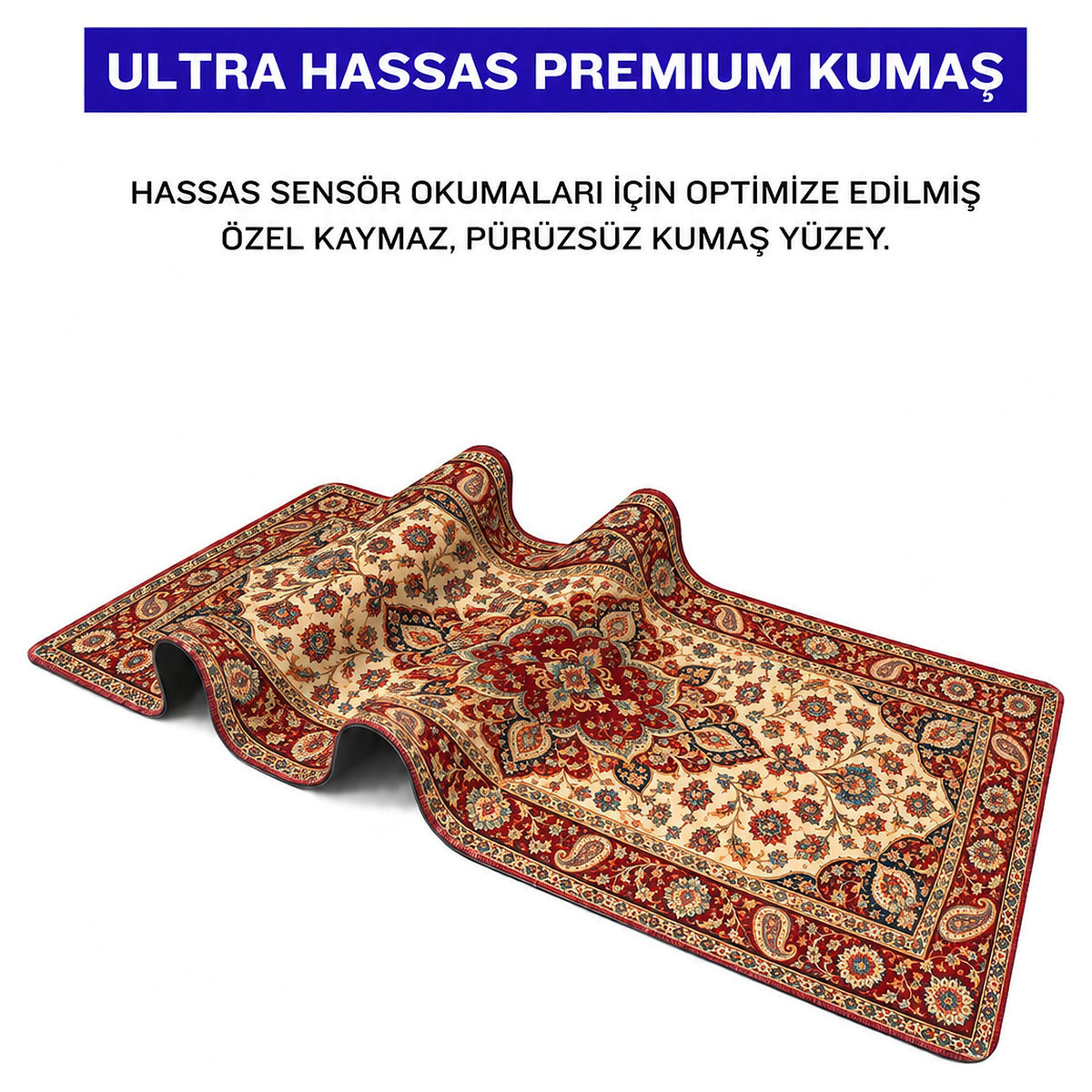 Madalyon halı desenli mouse pad kumaş yüzeyi, esnek yapı ve süblimasyon baskı detayı