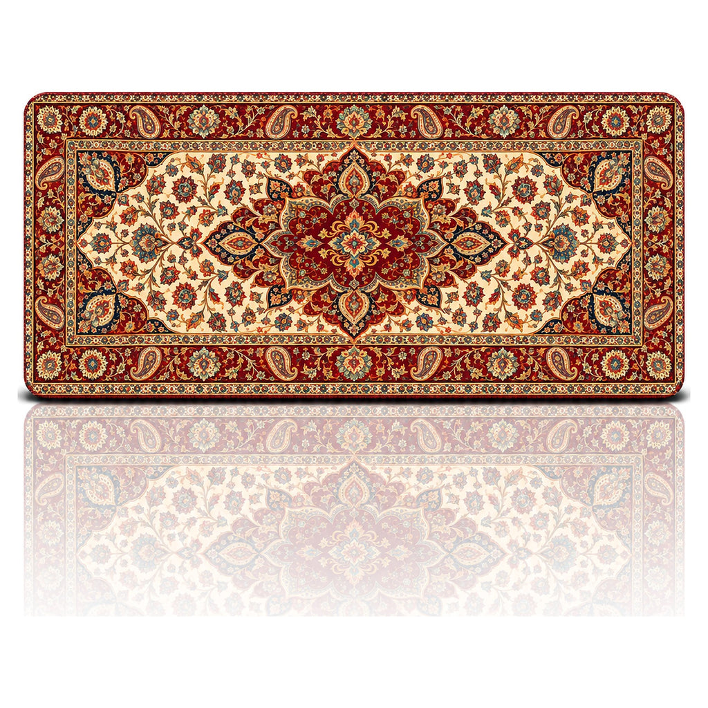 Madalyon halı desenli 90x40 oyuncu mouse pad, krem zeminde çiçekli madalyon ve şal motifli tasarım, önden görünüm