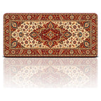 Madalyon halı desenli 90x40 oyuncu mouse pad, krem zeminde çiçekli madalyon ve şal motifli tasarım, önden görünüm
