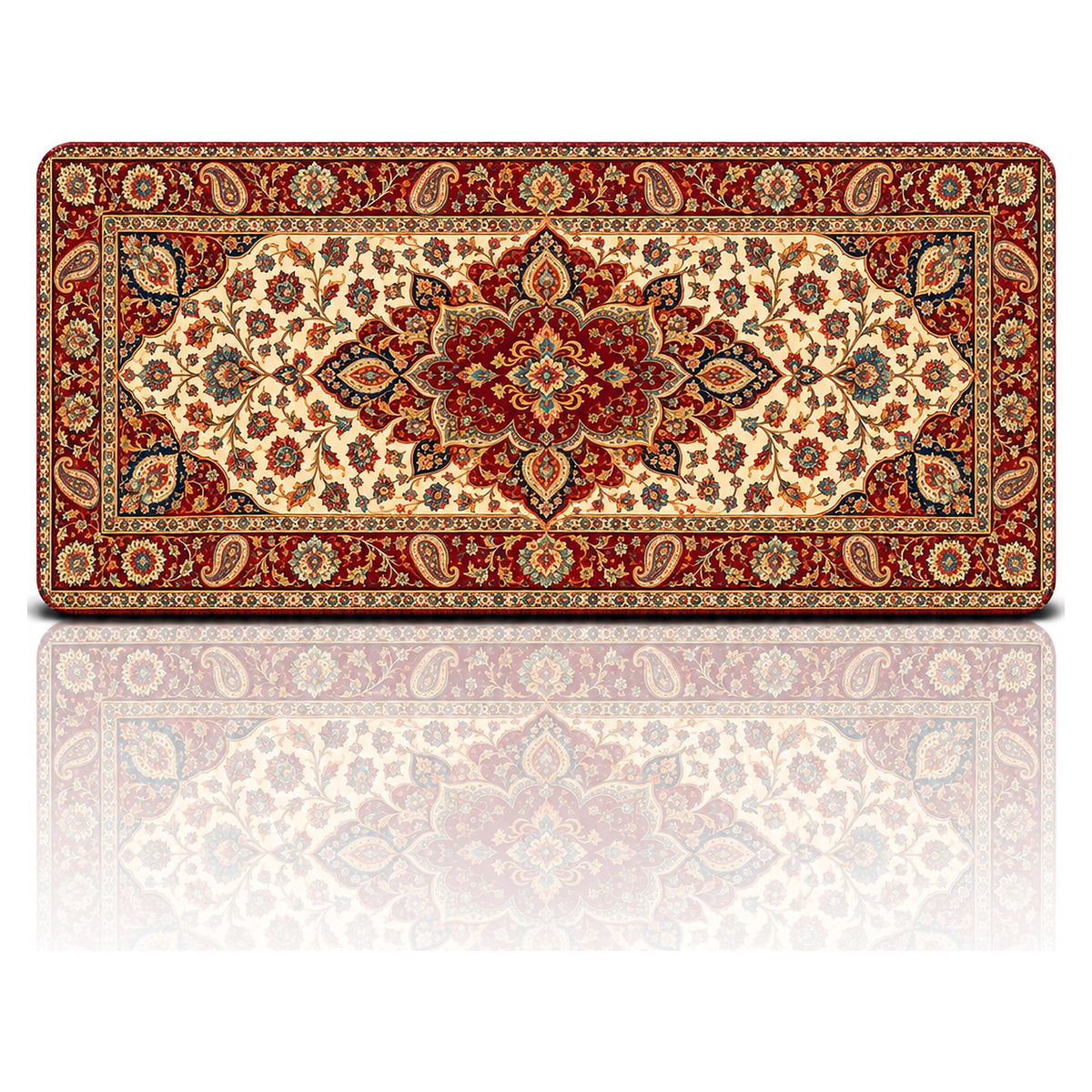 Madalyon halı desenli 90x40 oyuncu mouse pad, krem zeminde çiçekli madalyon ve şal motifli tasarım, önden görünüm